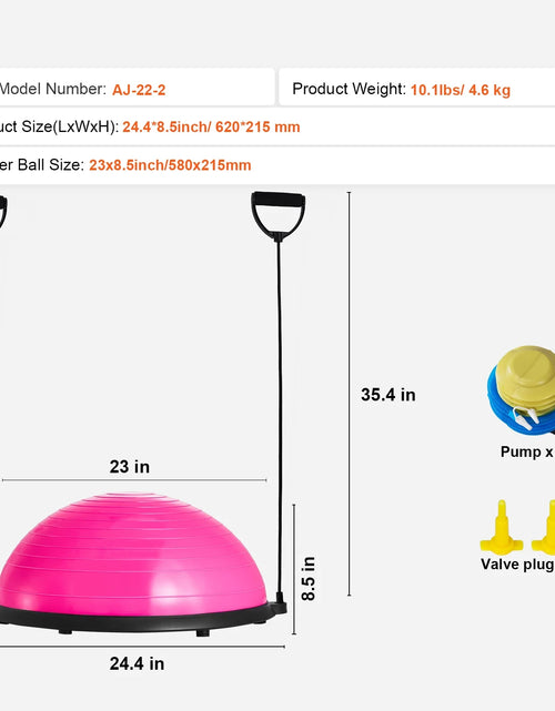 Load image into Gallery viewer, Half Balance Ball Trainer, 23-Inch Stability Ball with a 660Lbs Weight Limit, Includes Resistance Bands &amp; Foot Pump for a Comprehensive Home Gym Experience, Ideal for Full Body Fitness, Pink
