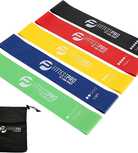 Resistance Loop Exercise Bands - Set of 5 Stretch Bands for Working Out with Instruction Guide & Carry Bag - Elastic Band for Home Workout & Physical Therapy for Women and Men 12" X 2"