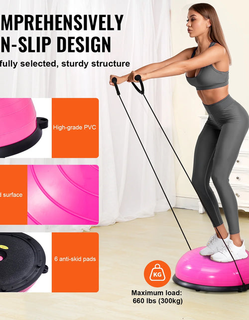 Load image into Gallery viewer, Half Balance Ball Trainer, 23-Inch Stability Ball with a 660Lbs Weight Limit, Includes Resistance Bands &amp; Foot Pump for a Comprehensive Home Gym Experience, Ideal for Full Body Fitness, Pink
